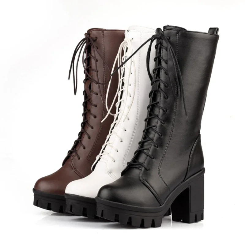 

Botas Mujer женские ботинки по индивидуальному заказу, модные коричневые высокие сапоги на высоком каблуке с круглым носком и перекрестной завязкой, туфли на платформе B118