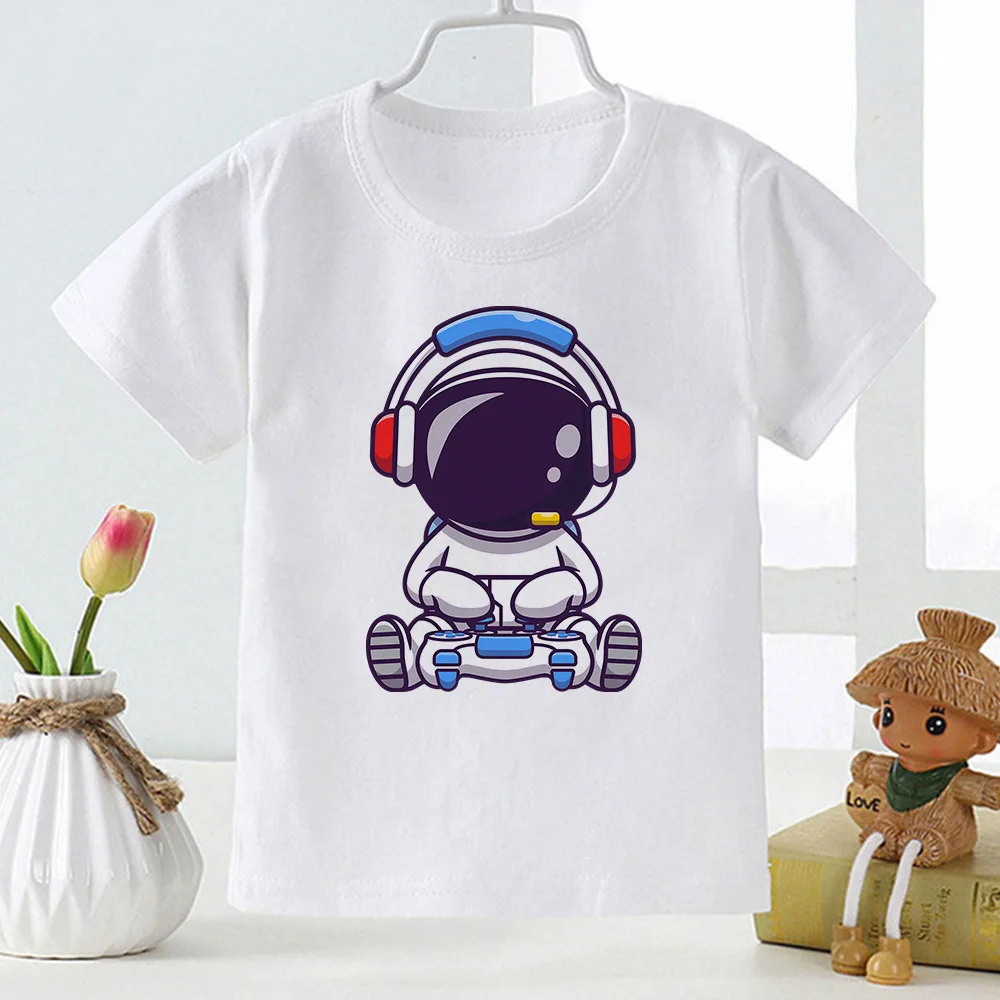 男の子と女の子のための半袖Tシャツ,印刷された宇宙飛行士の服,カジュアルな中間のランドセル,親と子供のためのスーツ