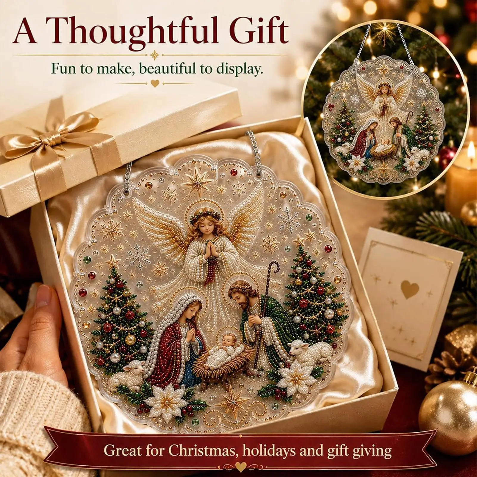 Christmas Sun Catchers Rhinestones Nativity Scene Decor Christmas Pearl Painting For Trees Window Holiday Crafts Beginners DIY