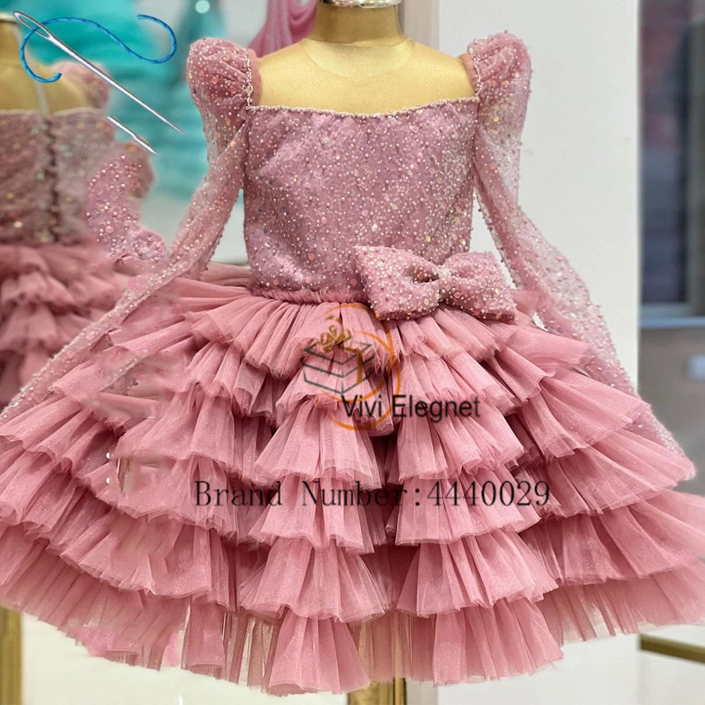 Robes de demoiselle d'honneur à col carré exquises pour enfants, tulle doux à manches longues, longueur au genou, image réelle, 2024