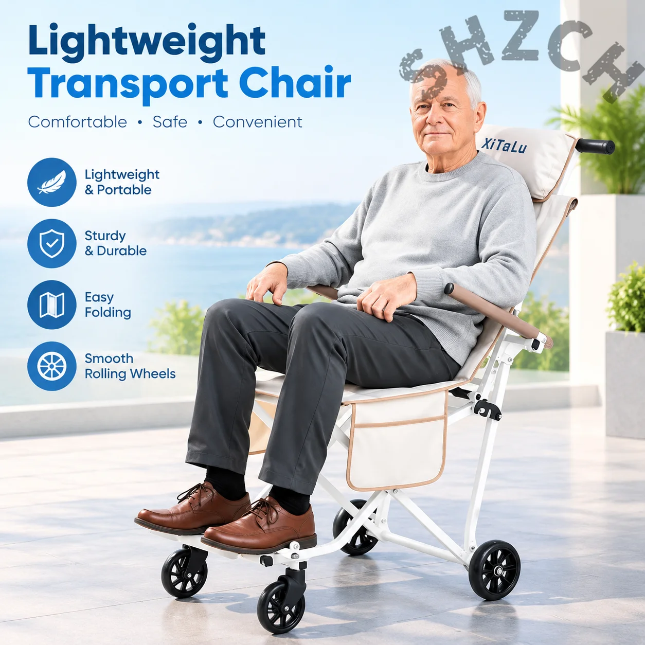 Folding Wheeled Mobility Aid Chair Travel Stroller Trolley for Elderly Portable Lightweight Push Walker Cart Carrier Outdoor Us