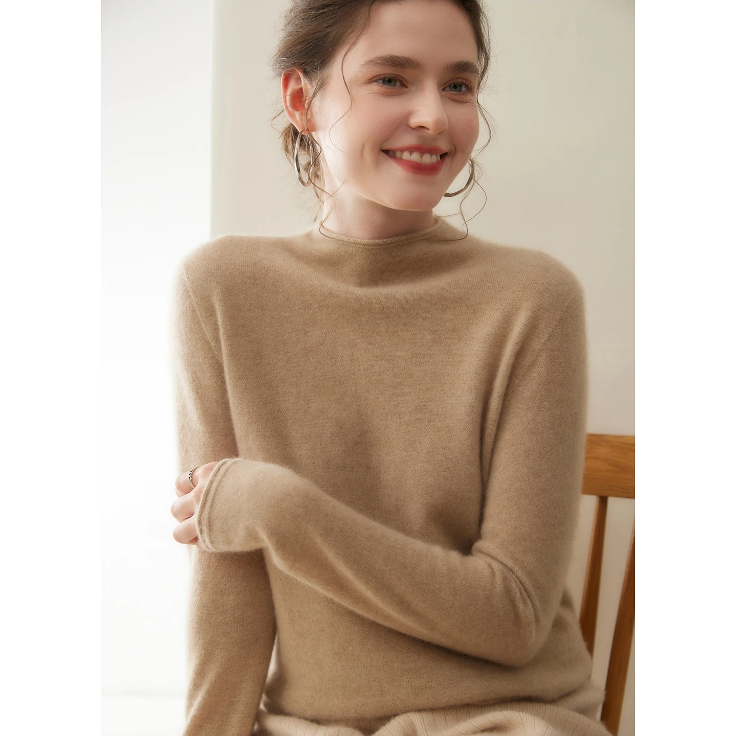 

High Quality Women's 100% Cashmere Pullovers Autumn Winter Curl Mock-neck Sweater Soft Warm Basic Cashmere Long Sleeve Clothing