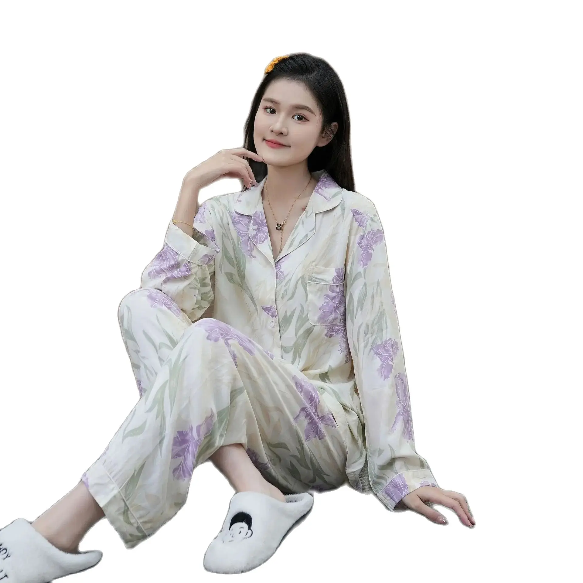 

Off White Pink Blue Pruple Flower Floral For Adult Women Pyjama Pour Femme Spring Summer Long Trousers Full Sleeves Polka Dot