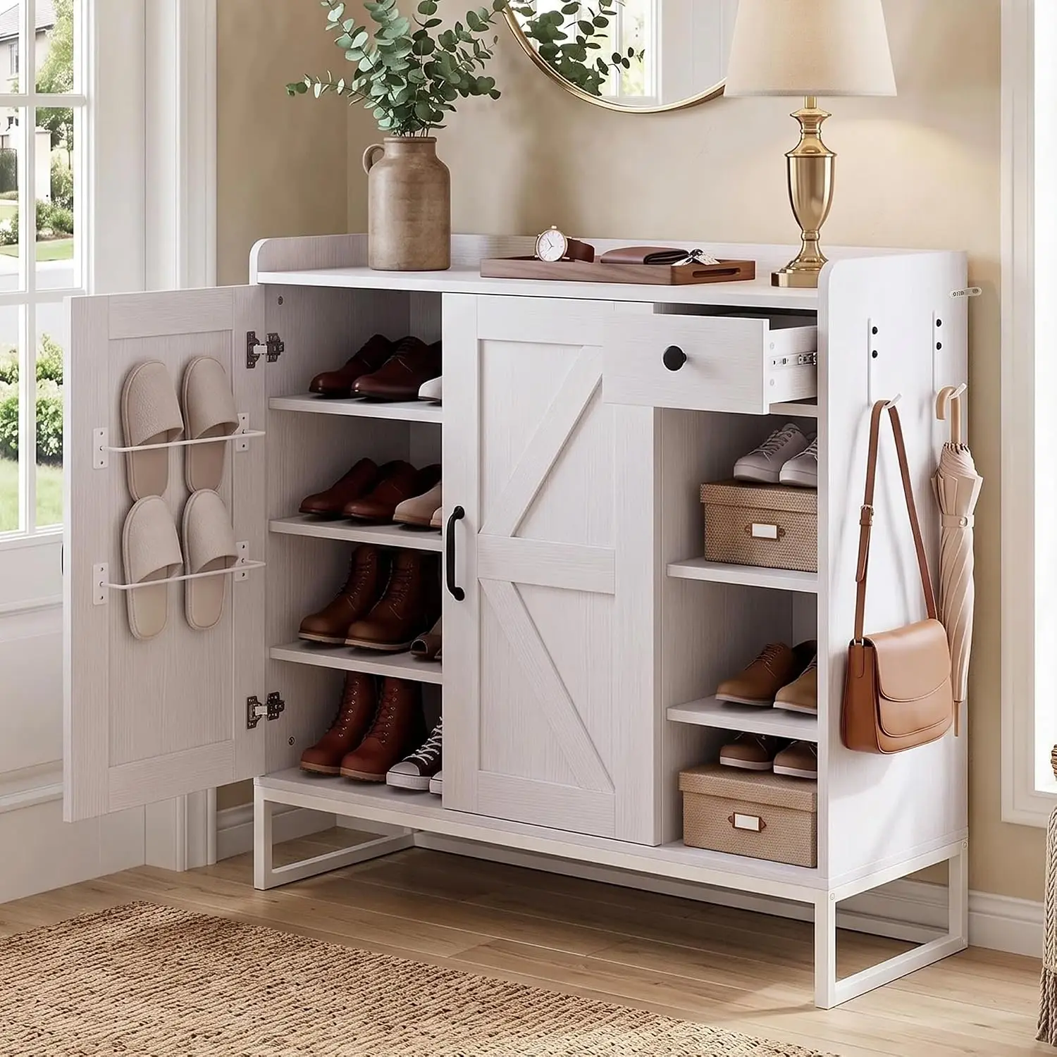 Farmhouse Shoe Storage Cabinet with Anti-Tip Anchor,Adjustable Shelves and Multi-Functional Storage compartments, with a Shoe Ra