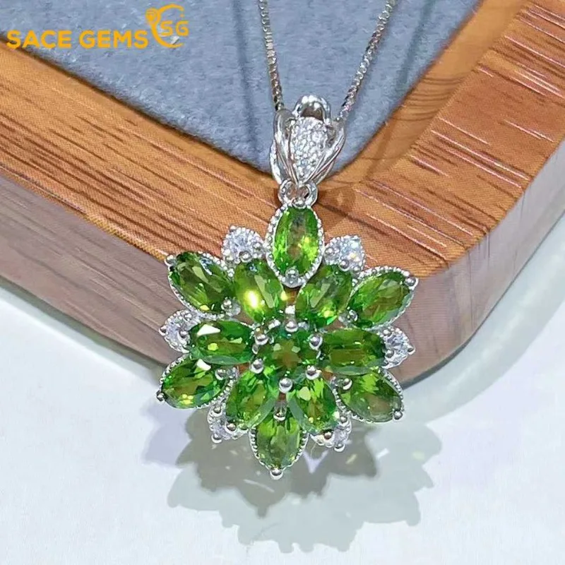 SACE GEMS New 925 Sterling Silver Raw 3*5MM Natual Diopside Pendant Necklace for Women Engagement Cocktail Party Fine Jewelr