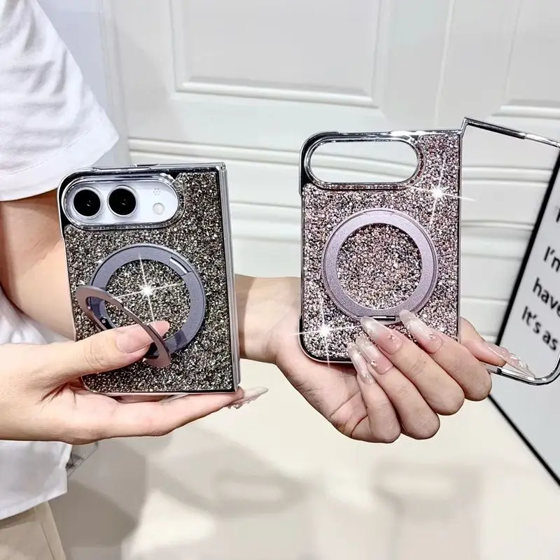 Luxury Fashion Sparkling Shimmer Glitter Plating Frame Phone Case for iPhone Duo 360 Rotating Ring Bracket Protective Cover