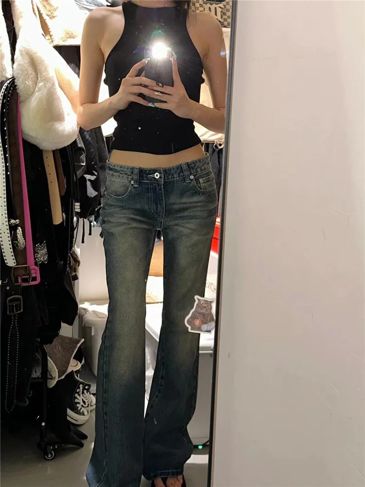 

American Retro Low Waist Flared Jeans Women's Slimming Extended Floor-Length Pants High Street Trend INS Deep Blue Washed