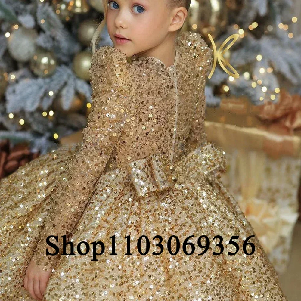 Gold Sequin Luxury Flower Girl Dress Long Sleeves Puffy Baby Girl Pageant Birthday Party Wedding First Communion Holiday Gown