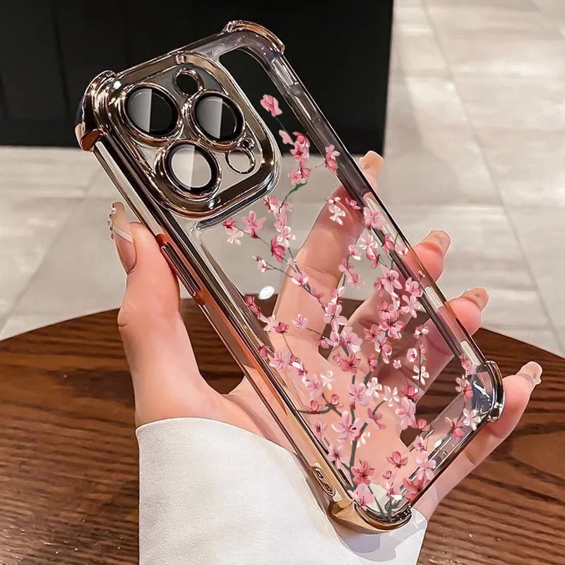 Phone Case For iPhone 18 17 Air 16 15 14 13 12 11Pro Max Plus Plum Blossom Electroplated Airbag Transparent Anti-Fall Soft Cover
