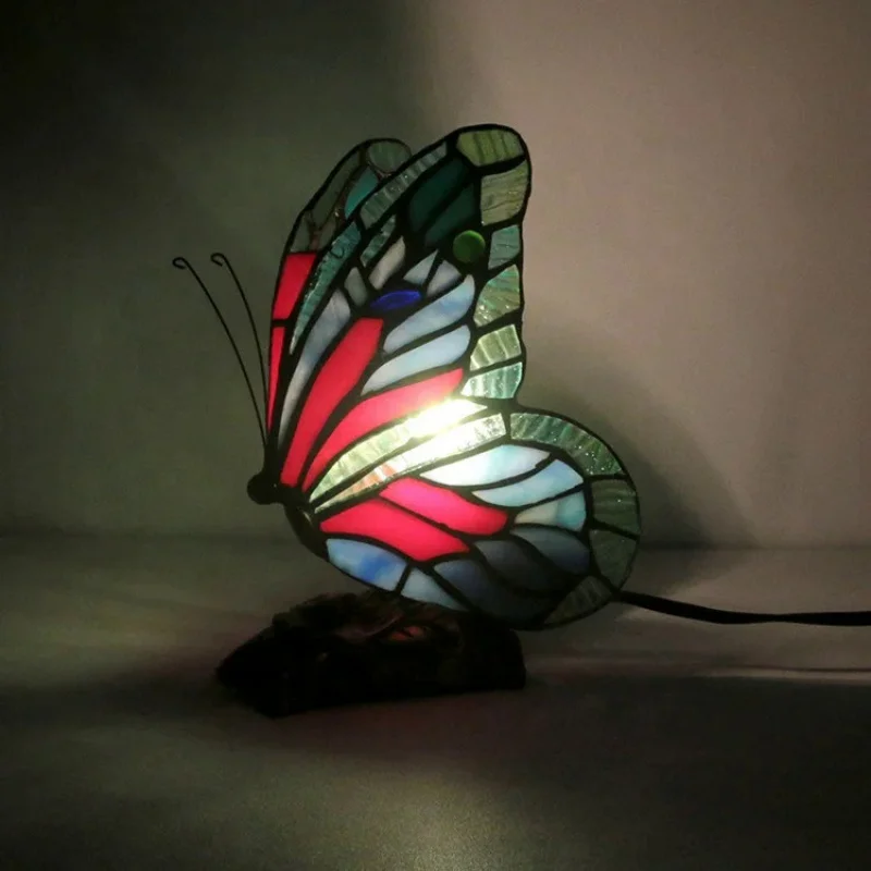 LongHuiJing Stained Glass Tiffany Butterfly Lamps With US/EU Plug In E27 Bedside LED Creative luminous ornaments