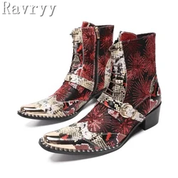 Men Chelsea Boots Metal Square Toe Belt High-Heeled Short Western Cowboy Boots Genuine Leather Printing Stage Show Party Boots