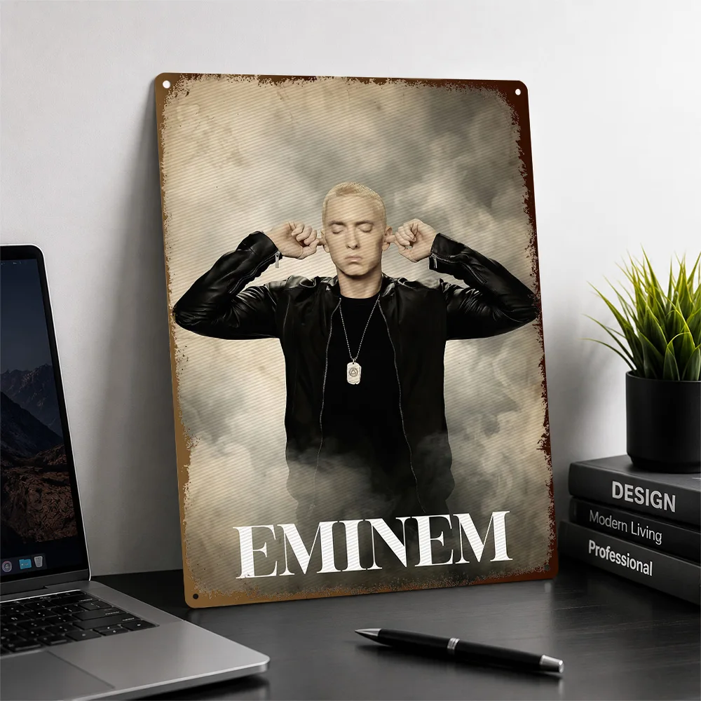 Eminem Portrait With Hands Over Ears Printed Poster Customized Metal Sign Album Era Tribute Wall Art Enhances Listening Lounge