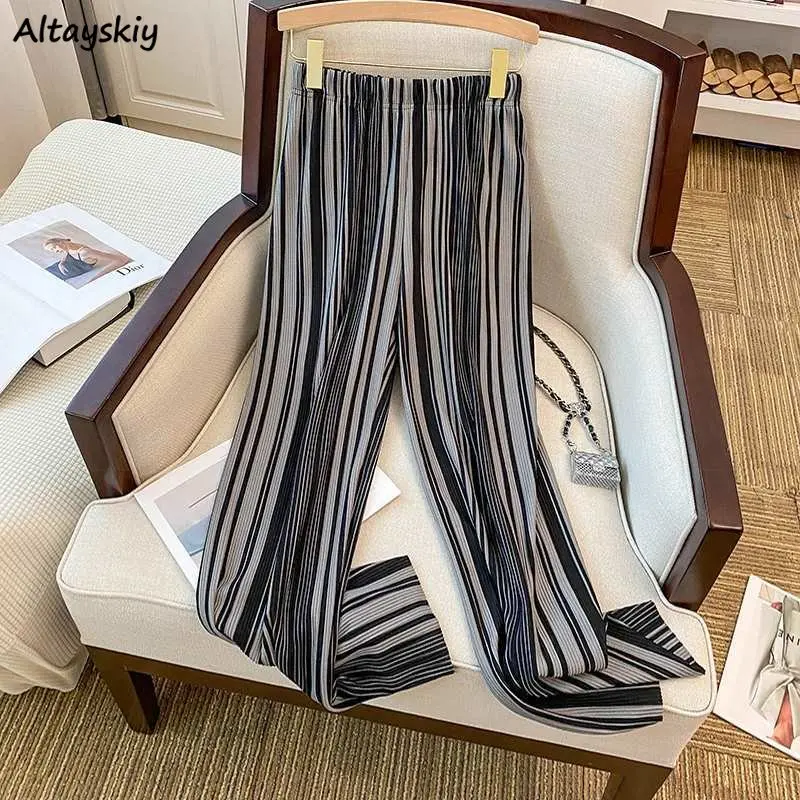 

Striped Pants Women S-3XL Loose Vintage Vacation Leisure Office Lady Wide Leg Ulzzang Ins Popular Full Length New Simple Fashion