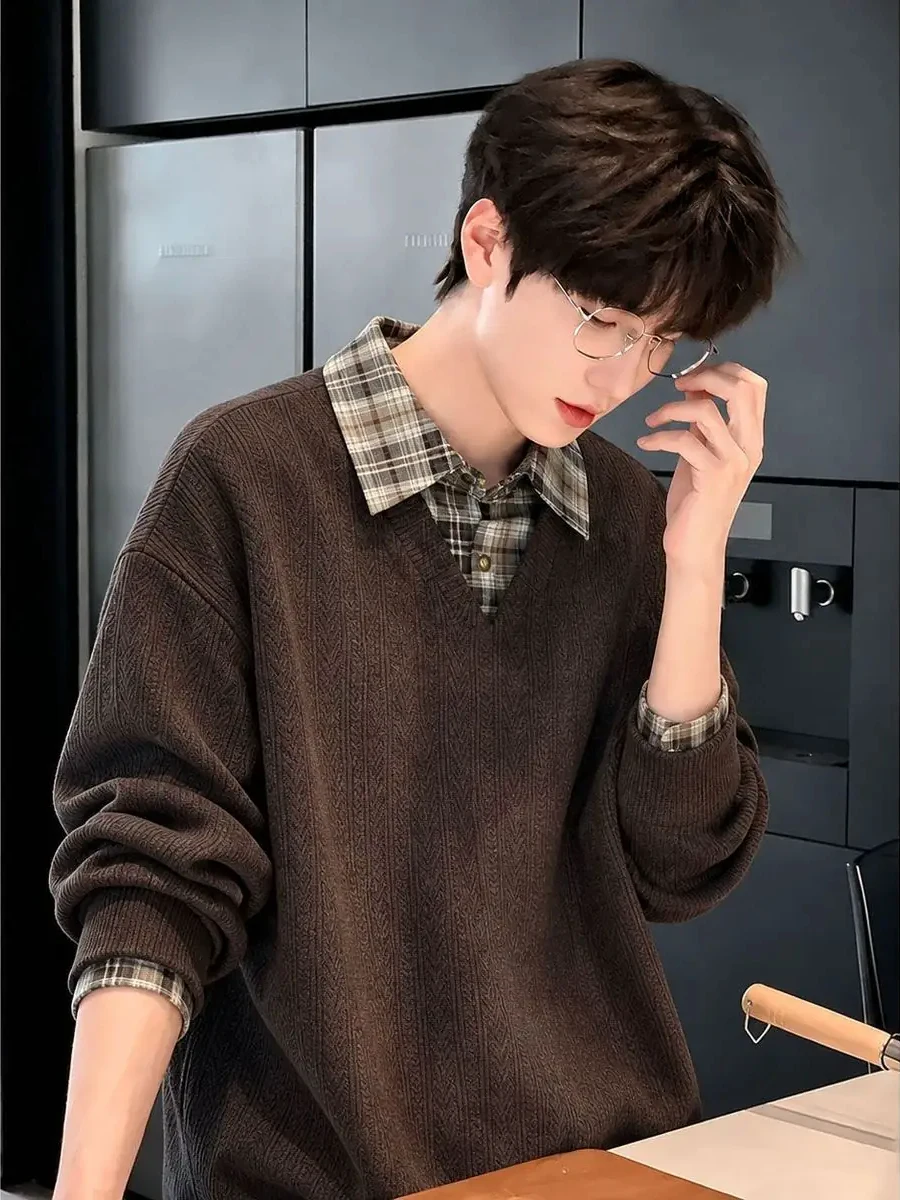 Loose Long Sleeve Plaid T-Shirt Men's Autumn Lazy Style Youth College Windbreaker Top Breathable Comfortable Casual Fashion