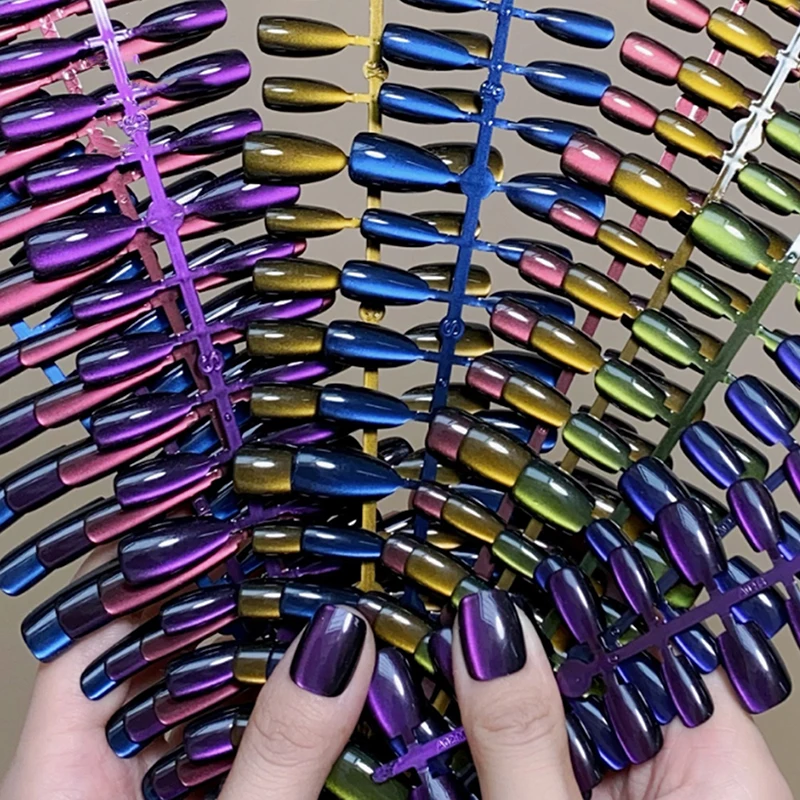 30Pcs Nails Handmade Gradient Cat's Eye Press On Fake Nails Medium Short Nail Tips Popular Design Decoration Flower Full Cover