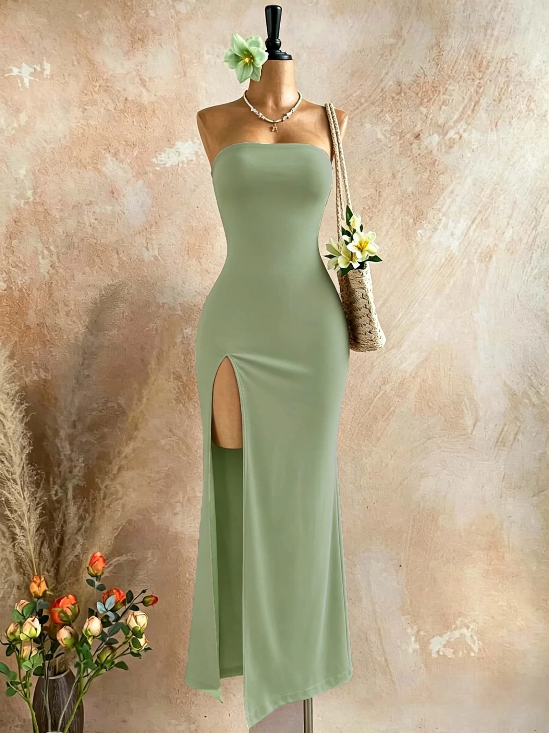 Damen Trägerloses Maxikleid mit Hohem Schlitz, Figurbetontes Sexy Langes Tube-Kleid – Detail 9