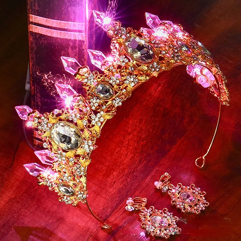 Glow Bride Crown Tiara LED Light Luminous Girl Princess Rhinestone Hair Accessories Birthday Party Wedding Christmas Decoration