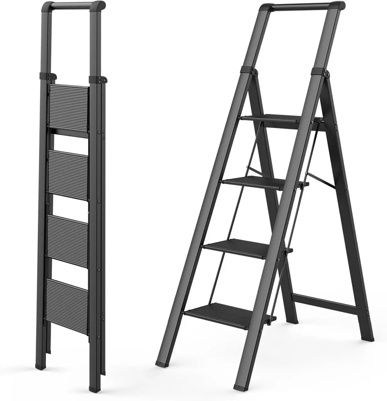 

WOA WOA Step Ladder 4 Step Folding with Wide and Anti-Slip Pedal, Folding Step Ladder with Handgrip, Portable Lightweight Alumin