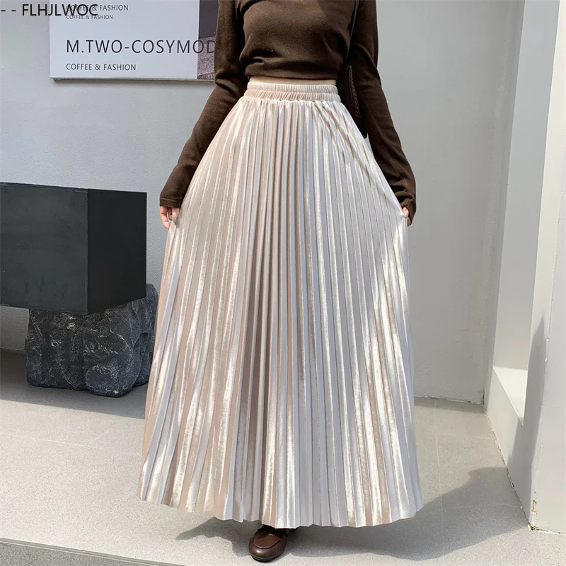Women's Velvet Pleated Midi Skirt Elegant A-Line High Waist Simple Solid Color Chic Korea Casual Long Maxi Skirt