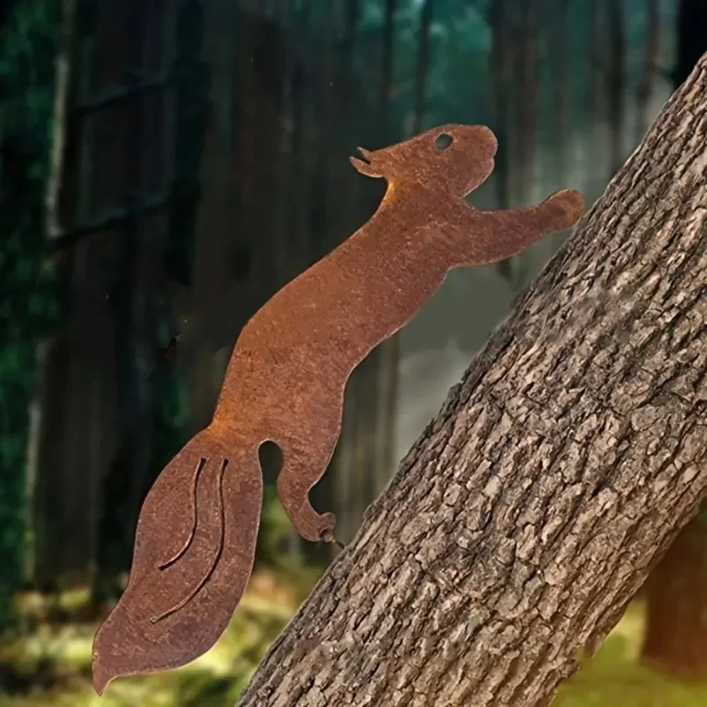 For Outdoor Yard Creative Rusty Squirrel Silhouette Metal Tree Stake Branch Insert Iron Art Garden Decoration