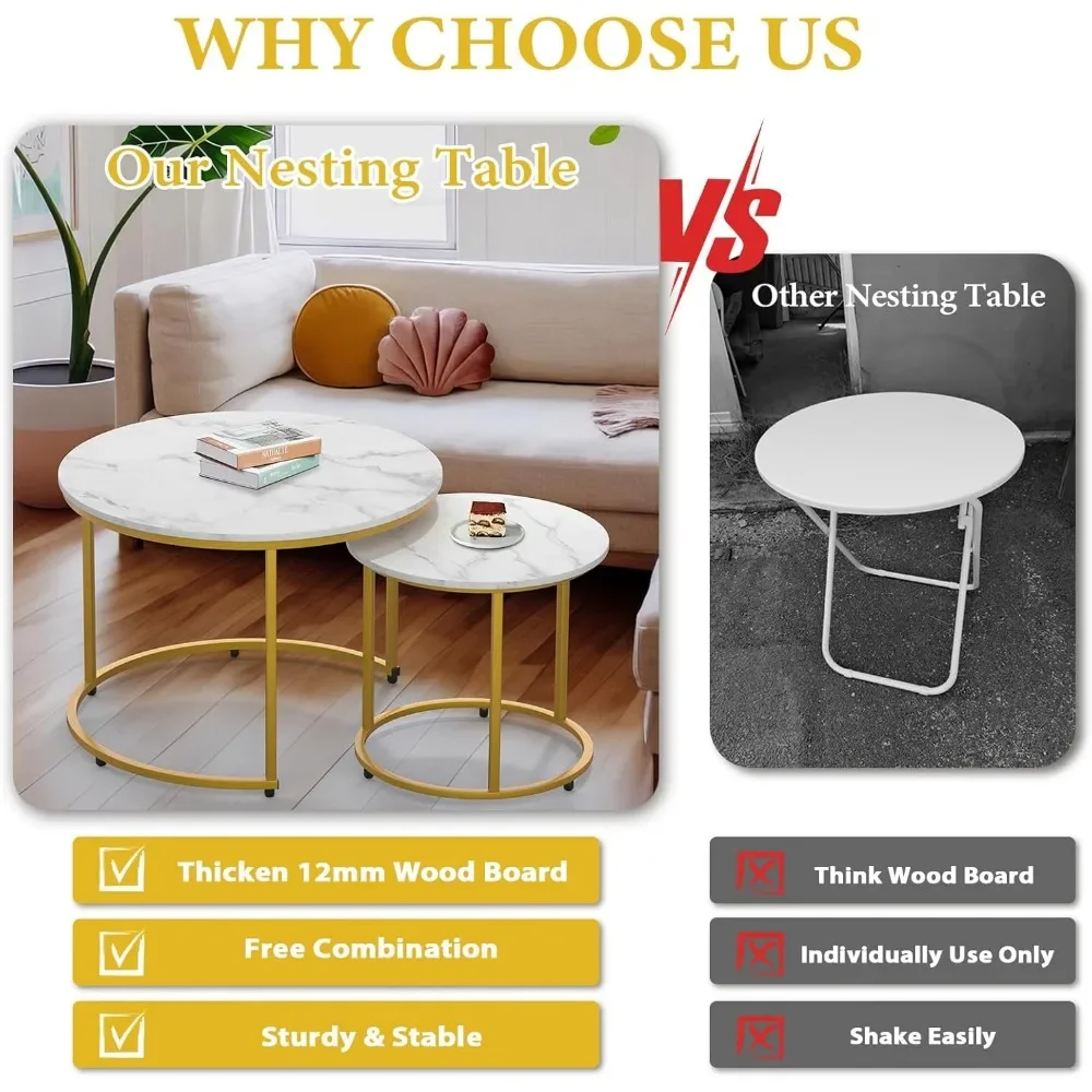 Set Meja Bersarang 2 Bagian, Meja Kopi Melingkar Ruang Tamu dengan Bingkai Logam Emas, Meja Bersarang Bermotif Marmer