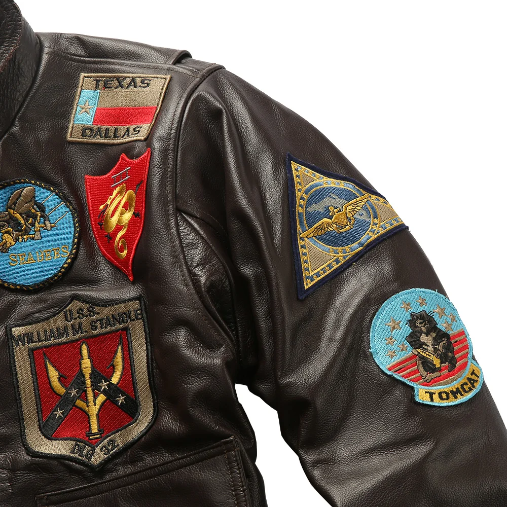 Top Gun G1 Bomber Jacken braun schwarz Stickerei Logo klassische Tom Cruise Motorrad Mantel Lamm kragen für Männer Kuhhaut Mantel – Detail 12
