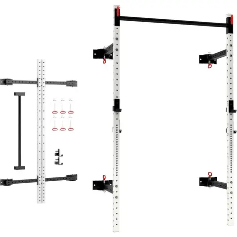 Griglia per squat pieghevole con barra pull-up regolabile, griglia elettrica montata a parete con capacità di 1000 libbre, griglia per bilanciere regolabile con J Hoo