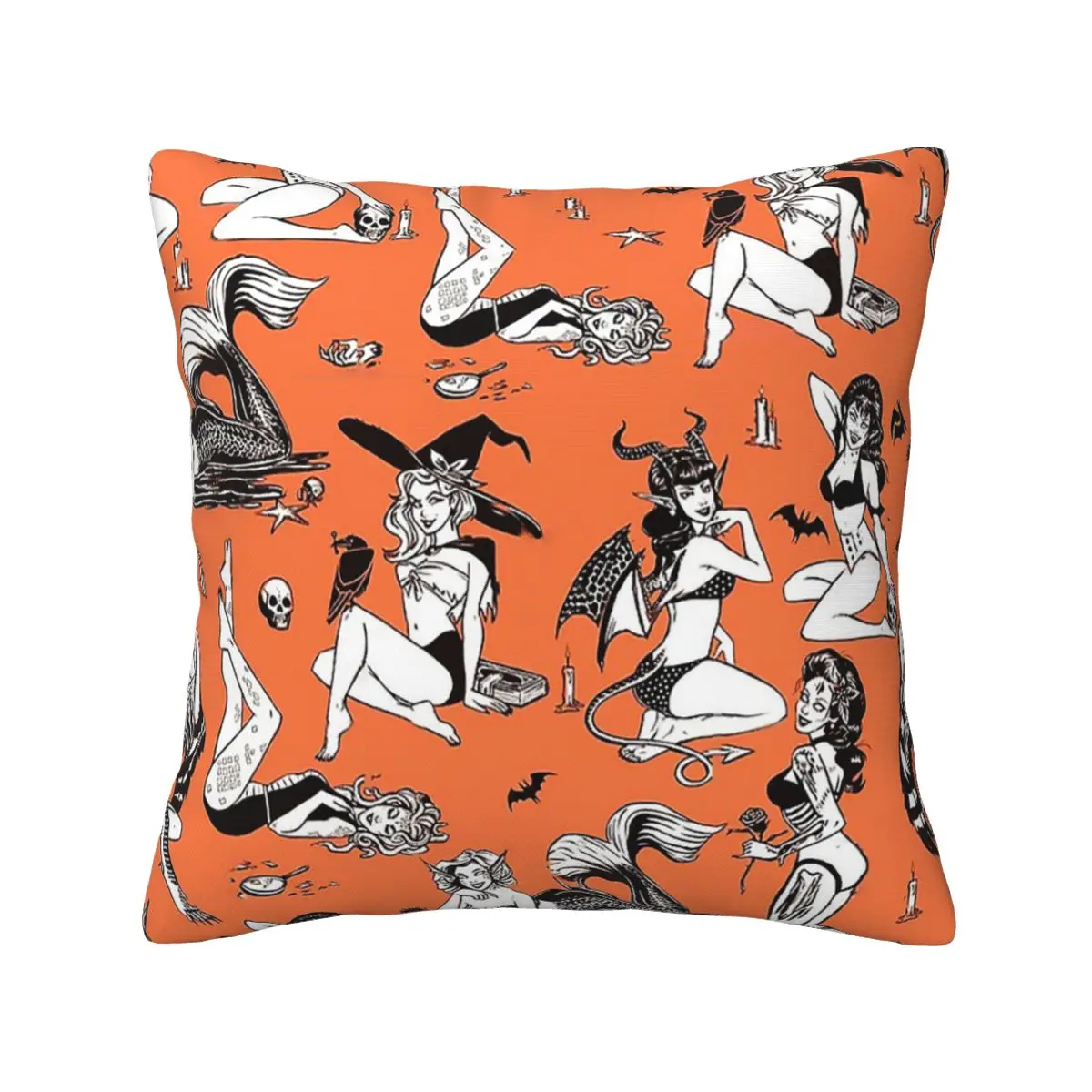 

Halloween Witch Bat With Orange Background Monster Girl Pinup Pattern polyester Sleeping pillows Dropshipping Digital printing