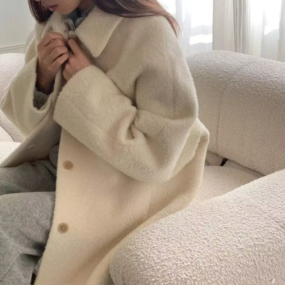 Pure Color Woolen Coat Jaet Single Button Turn-down Collar Medium-length Commute Sle Women's Faion Autumn Winter Coat