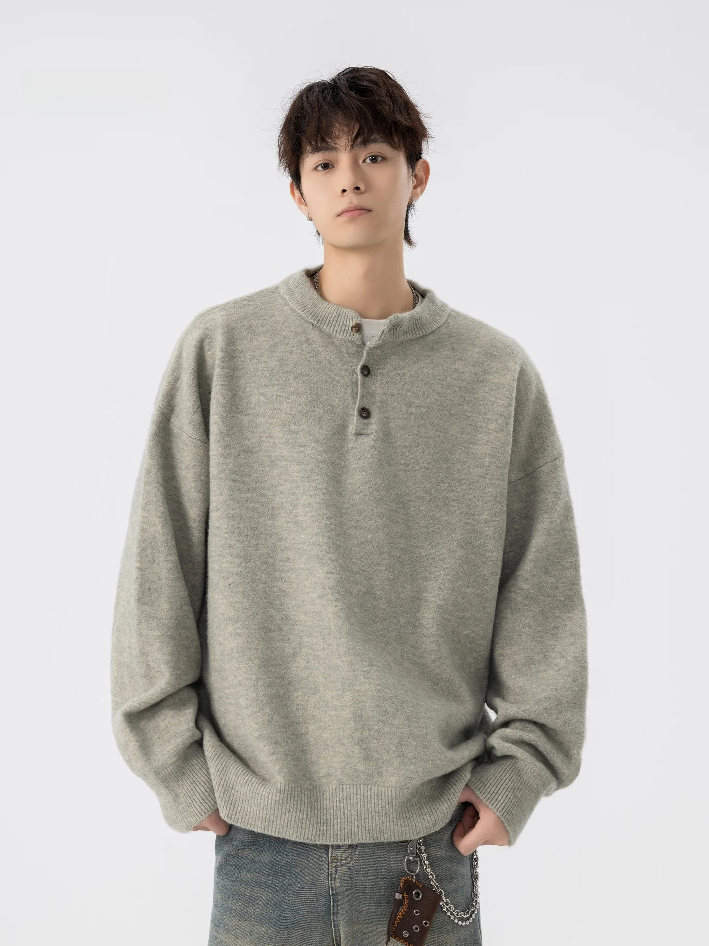 

American Retro Men's Knitted Sweater Henry Collar Thiened Loose Fit Autumn Winter Casual Top Button Soft Polyester Fiber