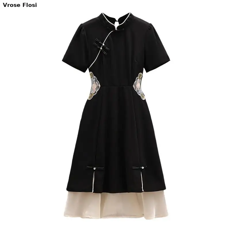 2023 Chinese Improved Hanfu Cheongsam Dress Women A Line Qipao New Fashion Style Short Sleeve Casual Daily Lady Cheongsam Dress