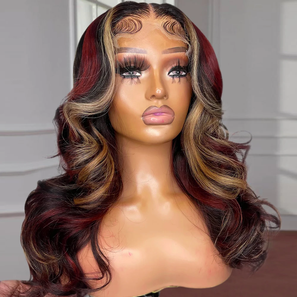 

Red Highlight Wig Blonde Black 13X4 Synthetic Lace Front Wigs For Women Pre Plucked Hairline With Baby Hair Fiber 180%