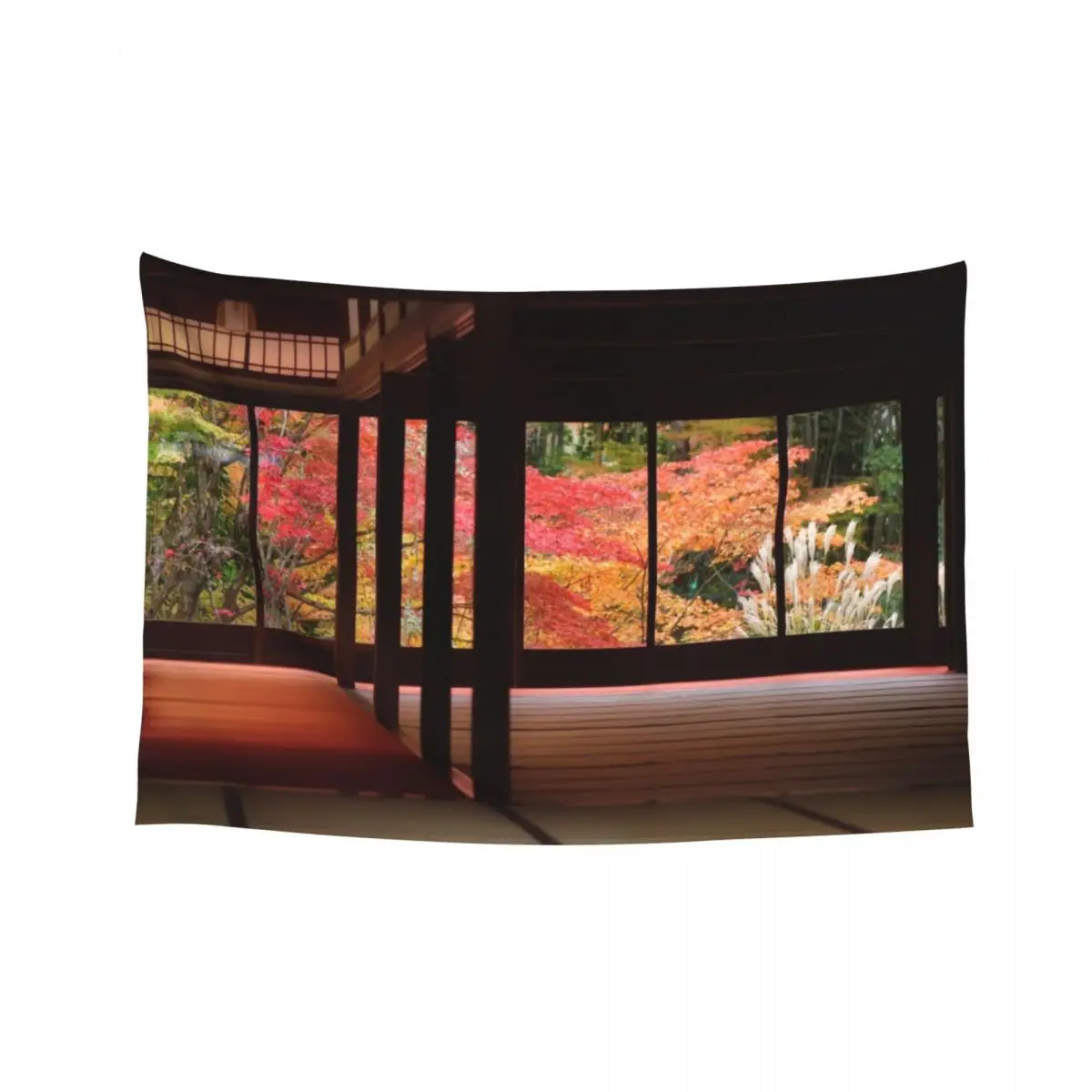 

Traditional Japanese temple hall interior with beautiful autumn nature behind the windows of Tenjuan temple in Kyoto ar Tapestry