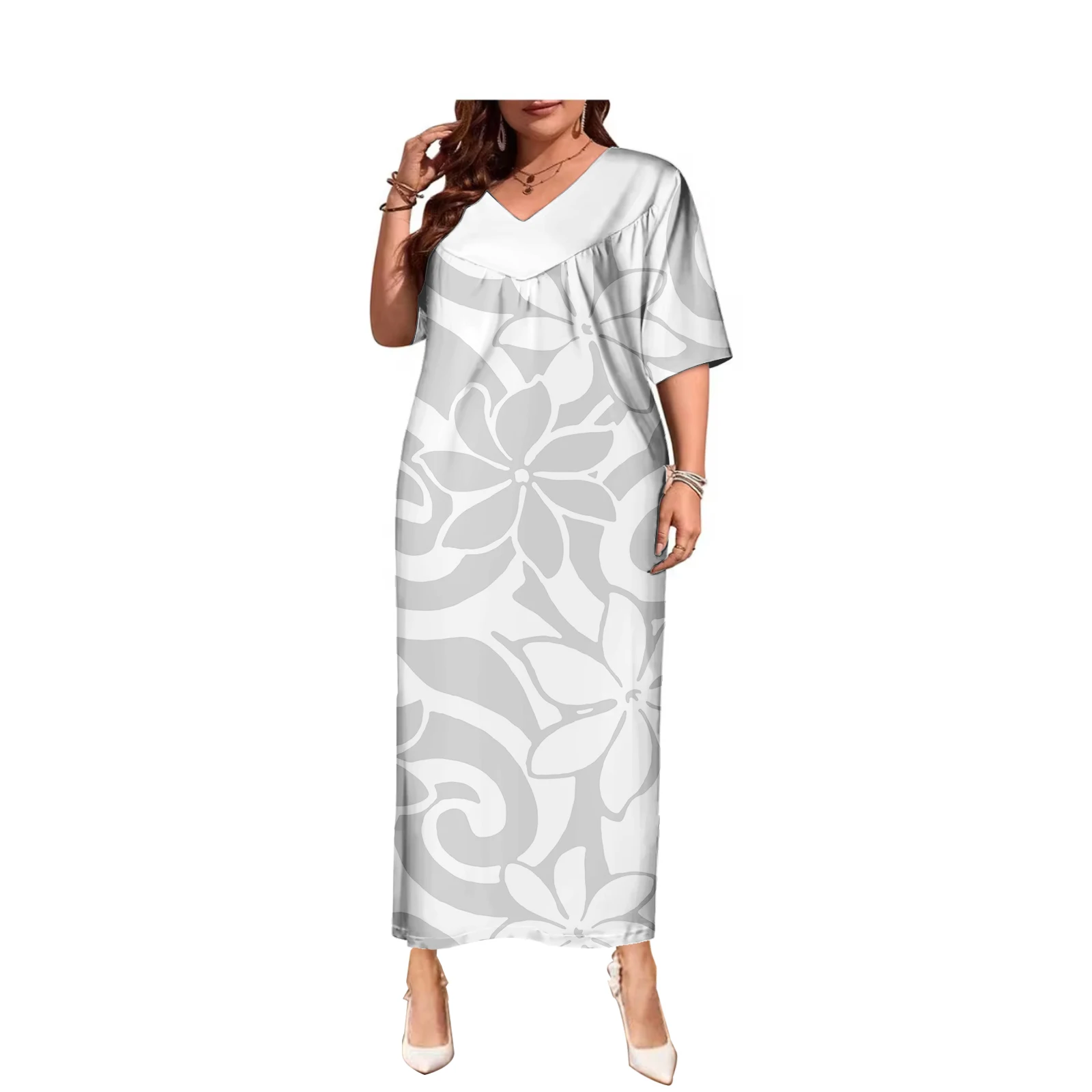 Polynesian Tribal Fijian Tongan Puletasi White Flower Print Custom Breathable Dress Casual Ladies Outfit Dresses