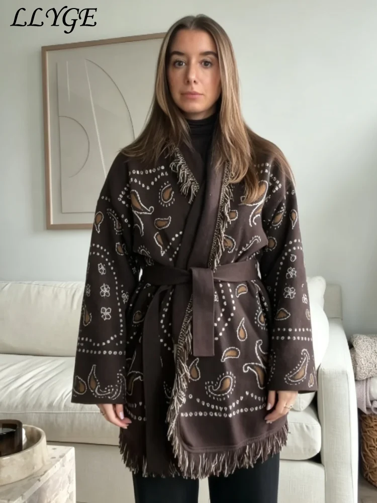 Elegant Knit Jacquard Tassels Women's Cardigan Belt Lace Up V-neck Full Sleeve Sweater 2026 Autumn Lady Vintage Chic Knitwear