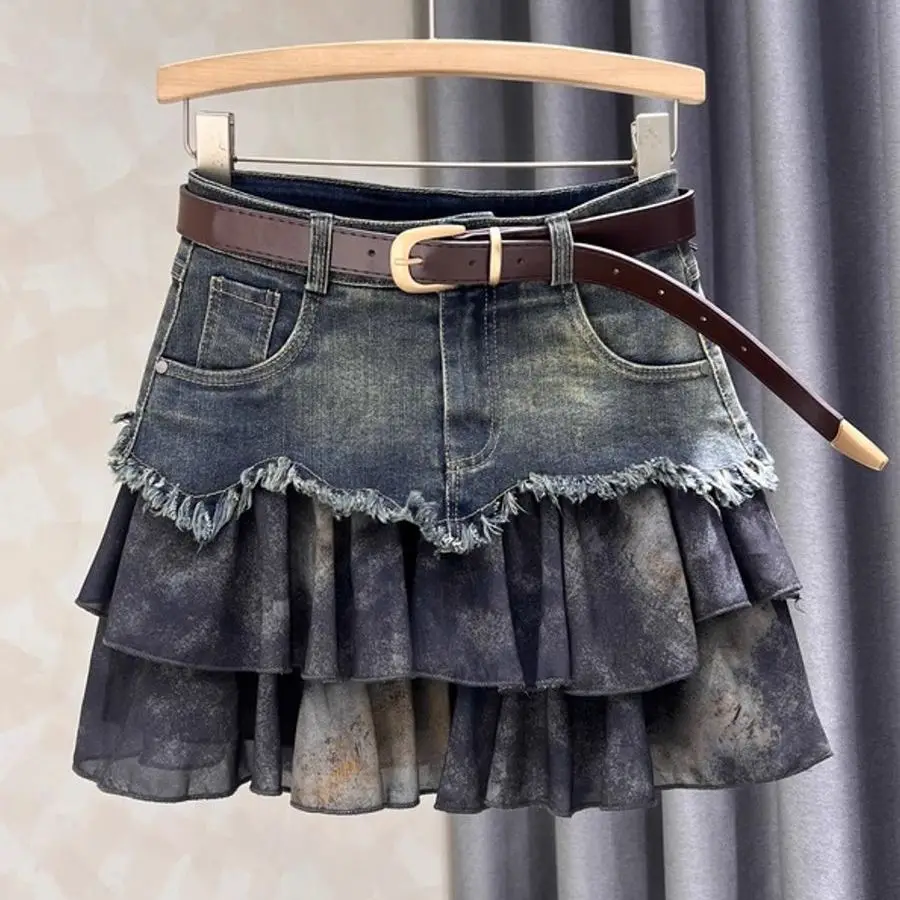 

Splicing denim midi skirt for women, 2024 new style,stylish, high waisted, slimming A-line short skirt trend