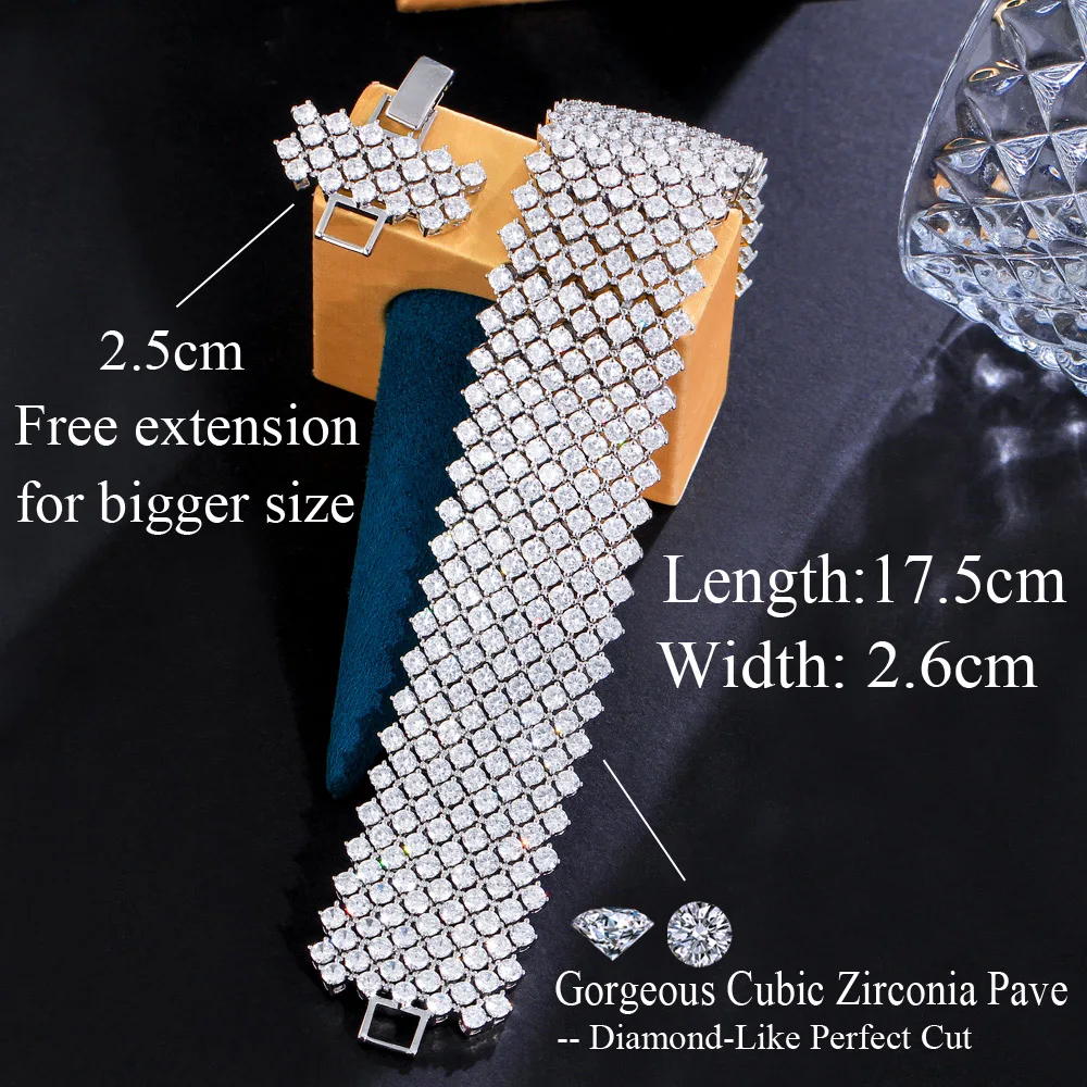 CWWZircons 352pcs Round Cubic Zirconia Paved Chunky Statement Big Wide Luxury Tennis Bracelets for Wedding Bridal Jewelry CB313