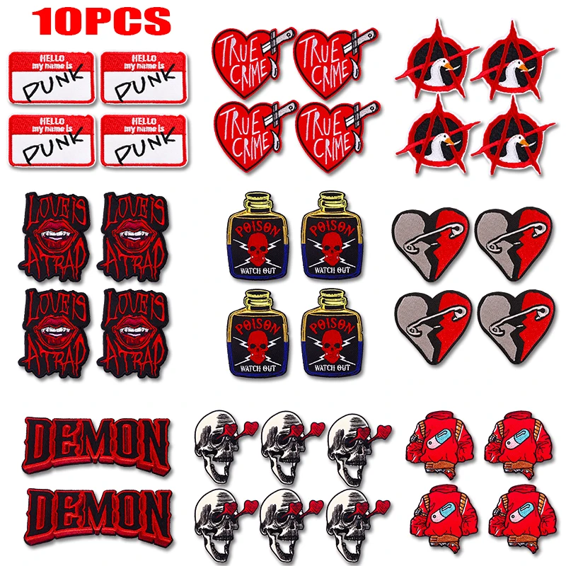 Parche bordado termoadhesivo calavera y corazón rojo para ropa