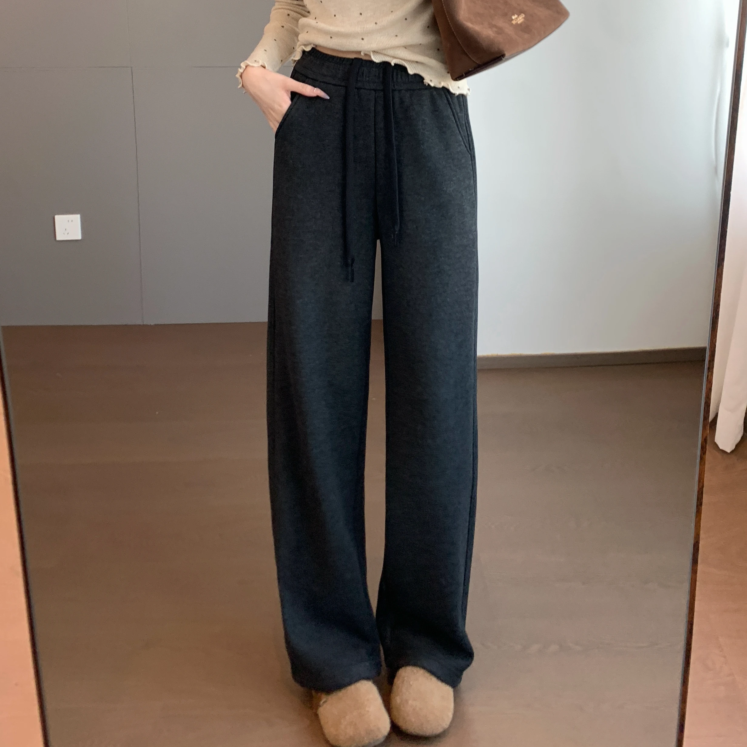 

The Silky Smooth Velvet Warm Dstring Waist on Pants for Tall And ort Women Casual Straight Leg Trousers