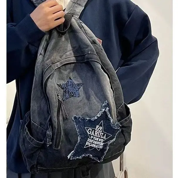 Nicho mochila jeans de grande capacidade, bolsa de ombro para viagem, bolsas coreanas, doce estilo legal, Euramerican Popular