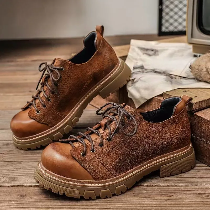 Retro Casual Black Patchwork Leather Shoes, Brown Gray Lace Up British Style Shoes, Men's and Women's Fashion Show Couple Shoes