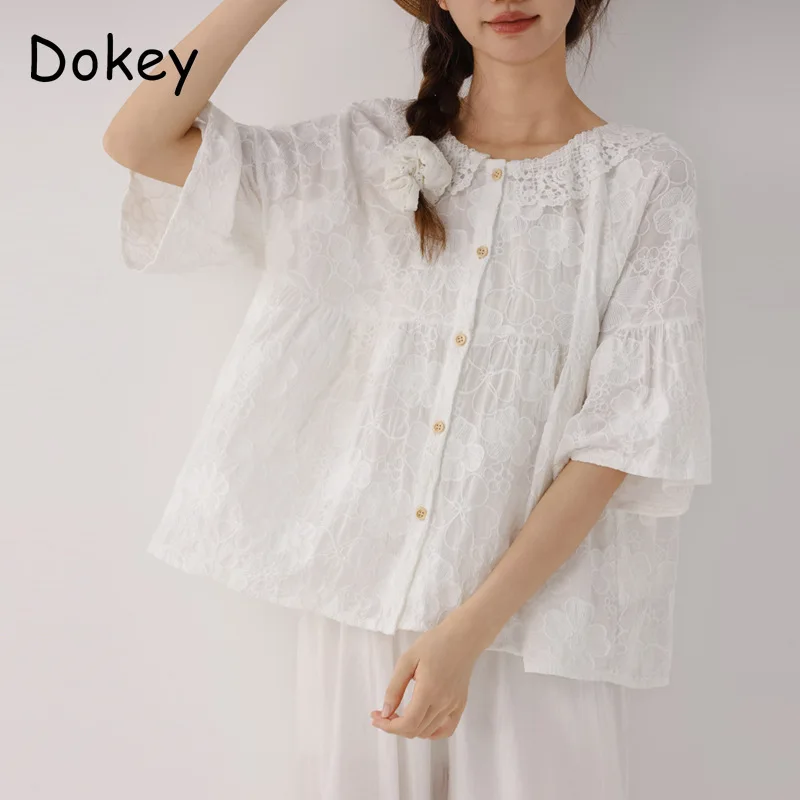 Mori Girl White Shirt Women Summer Vintage Bohemia Short Flare Sleeve Tops Japanses Casual Peter Pan Collar Cotton Linen Blouse