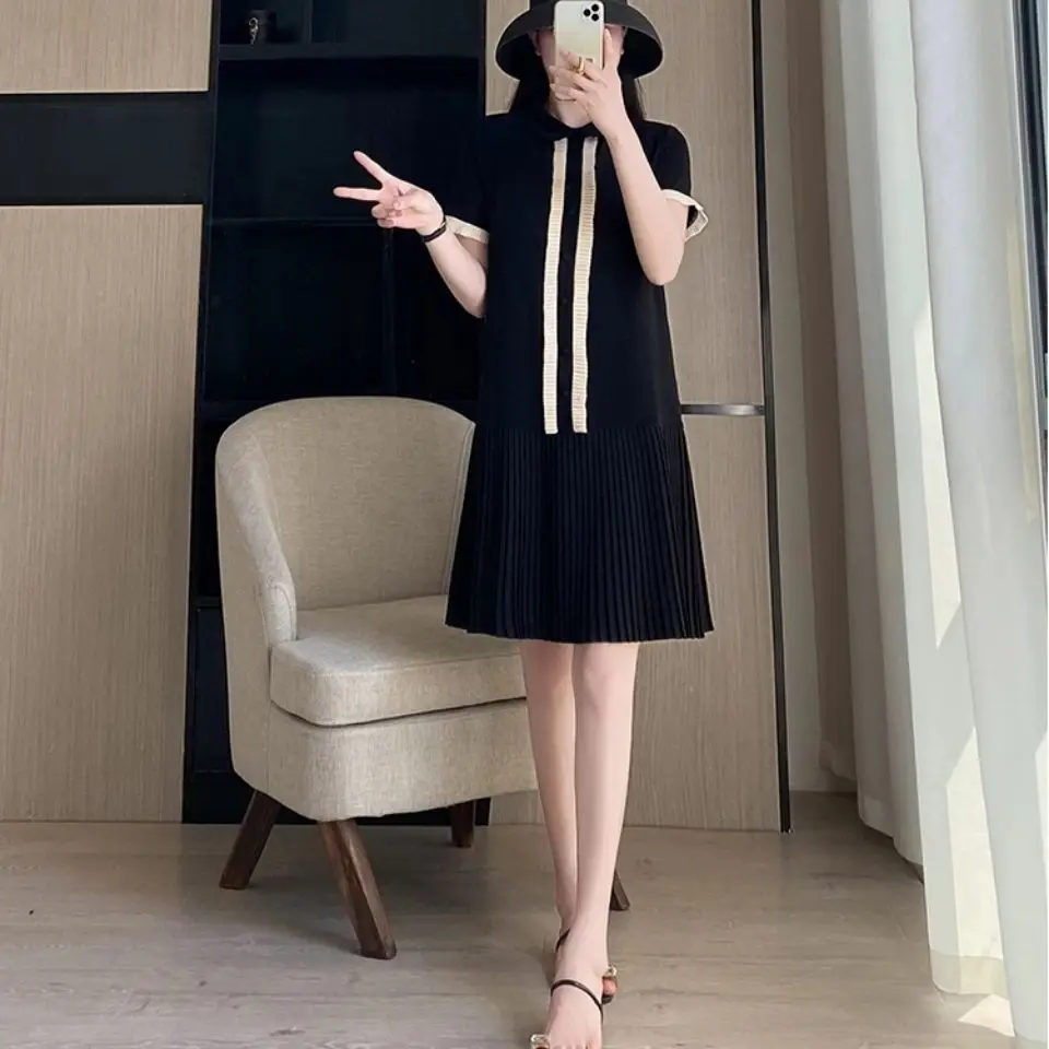 Black Dress Women\'s Summer 2023 New Fashion Loose Collar Short Sleeve Straight Tube Dress Ruffled Mid Length Dress