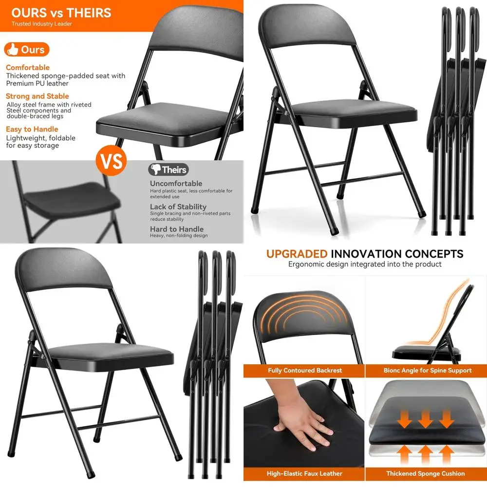 

Folding Metal Chairs with Cushions - Heavy Duty, 450lb Capacity for Outdoor/Indoor Events (Black)