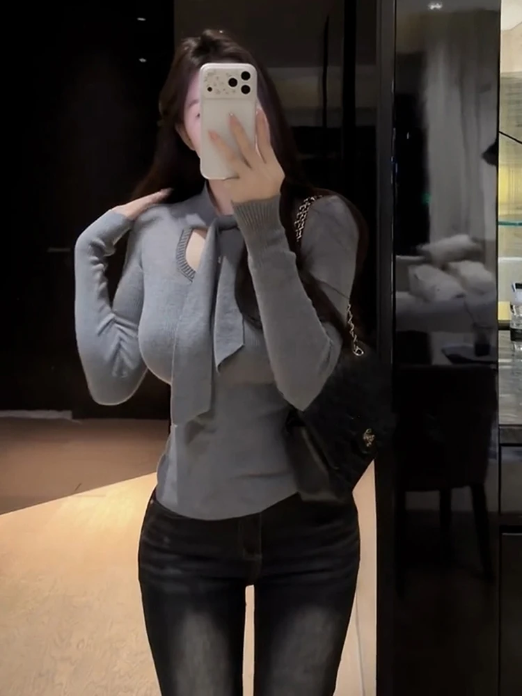 Coreano Sle Long Sve tejido ahuecado con cinturón Slim Fit ropa interior de mujer Top juvenil para otoño e invierno