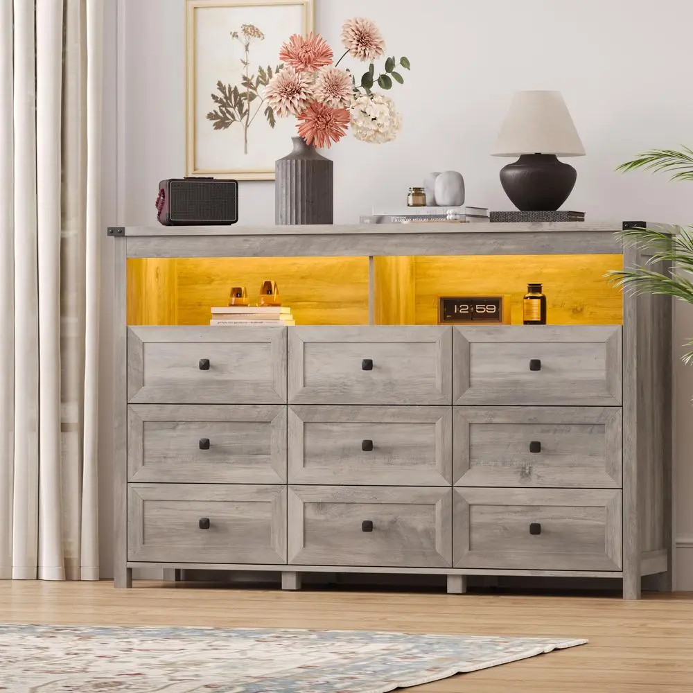 

for Bedroom with 9 Drawers, Wide Chest of Drawers with LED Light and Power Outlet, Wooden Closet Organizer Clothes Storage Cabi