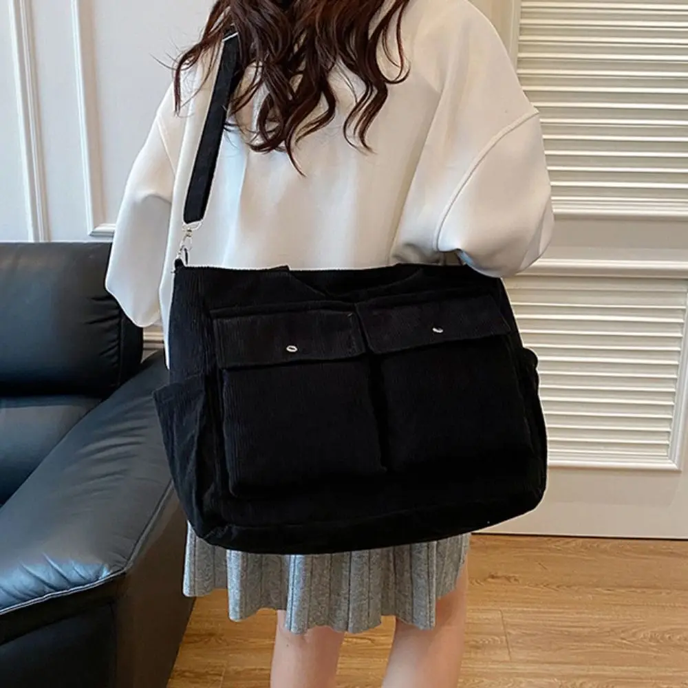 Large Capacity Corduroy Tote Bag Vintage Elegant Multi-pocket Shoulder Bag Pure Color Handbag Casual Underarm Bag