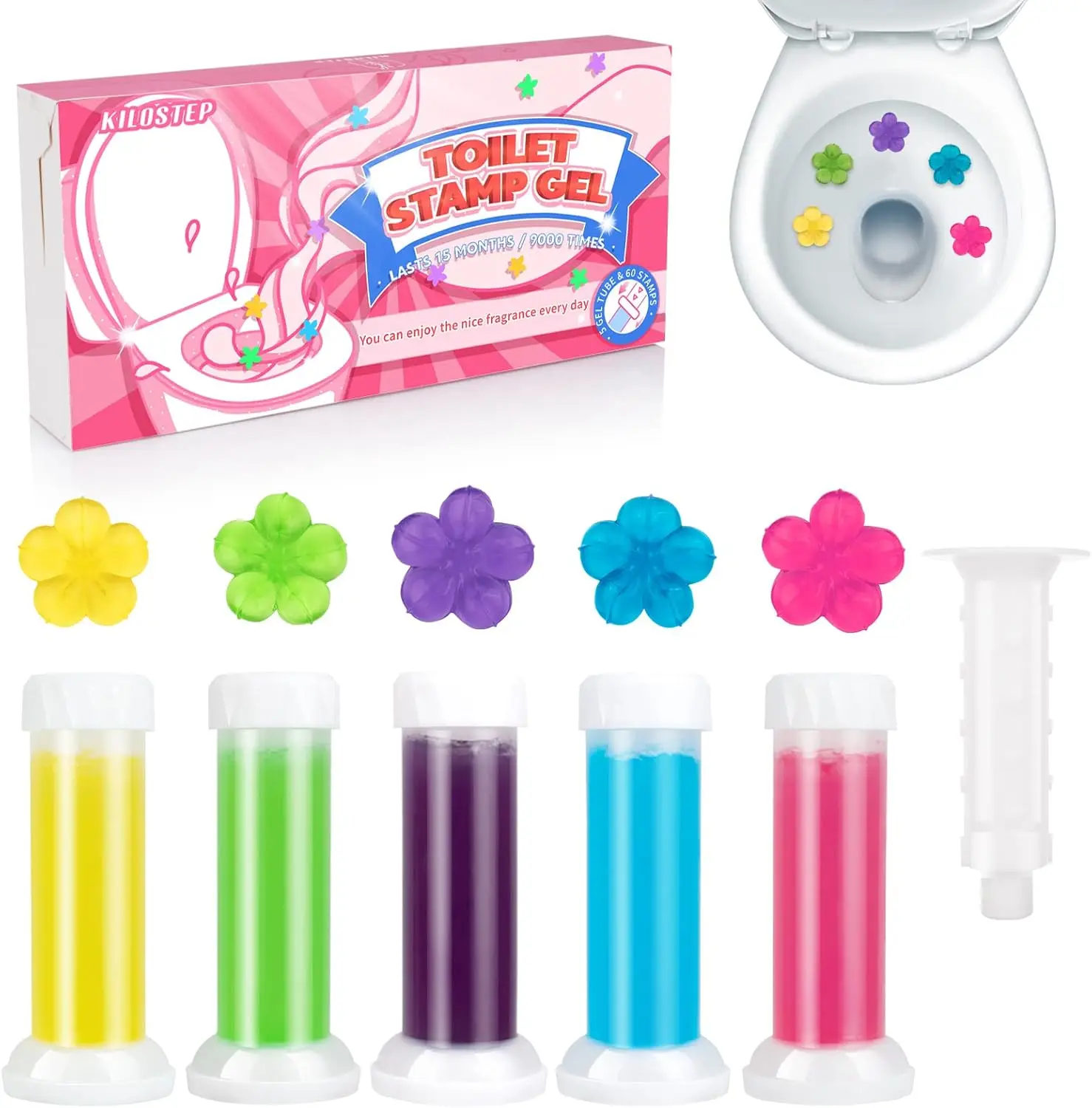 

60 Pack Toilet Gel Stamp Set - 5 Scents, Lasts 15 Months, Flower Shape Cleaner & Air Freshener