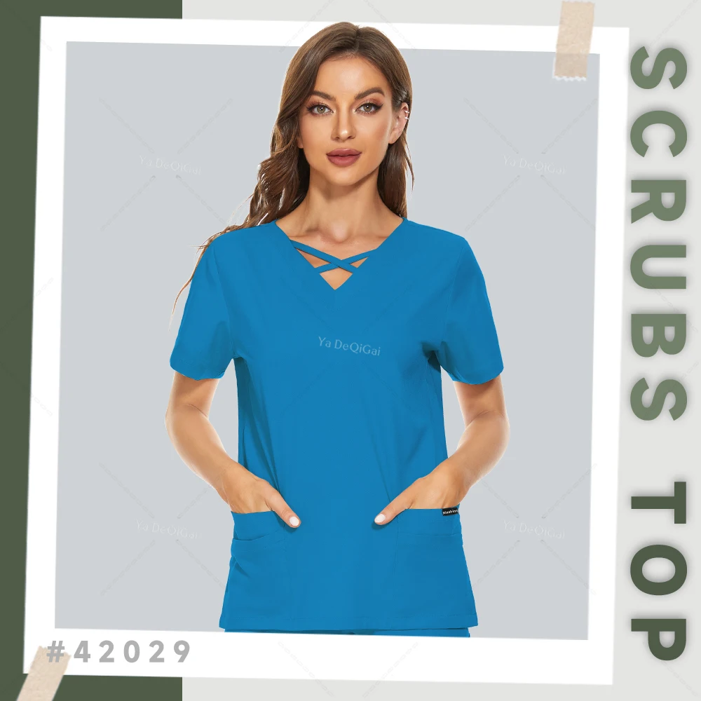 Manga Curta V-Neck Enfermeira Uniforme para As Mulheres, V-neck, Spa T-shirt, Uniformes de Trabalho Clínicos, Bolso Blusa, Médico Scrubs Tops, Senhoras Workwear