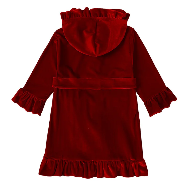 Christmas Girls Bathrobe Children Red Velvet Long Sleeve Pajamas Kids Autumn Thin Xmas Sleepwear Princess Fashion Hooded Clothes